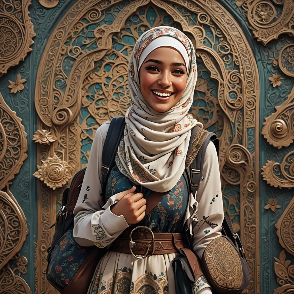 Laughing Hijabi Girl Portrait in Detailed Digital Painting