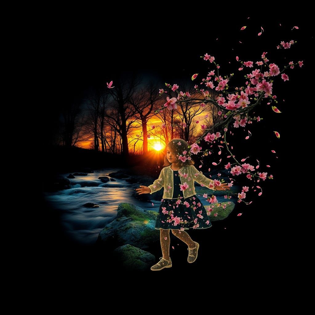 Surreal Double Exposure: Girl Dancing with Nature's Elements