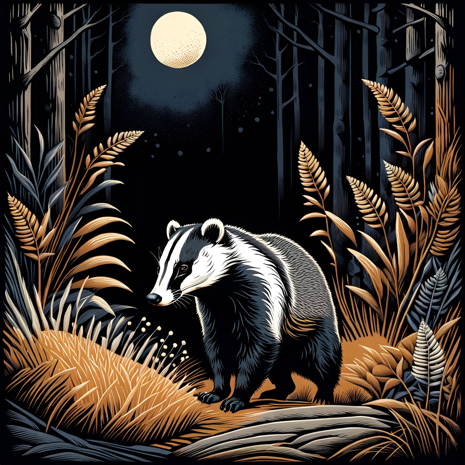 Badger in Linocut Style with Faded Colors