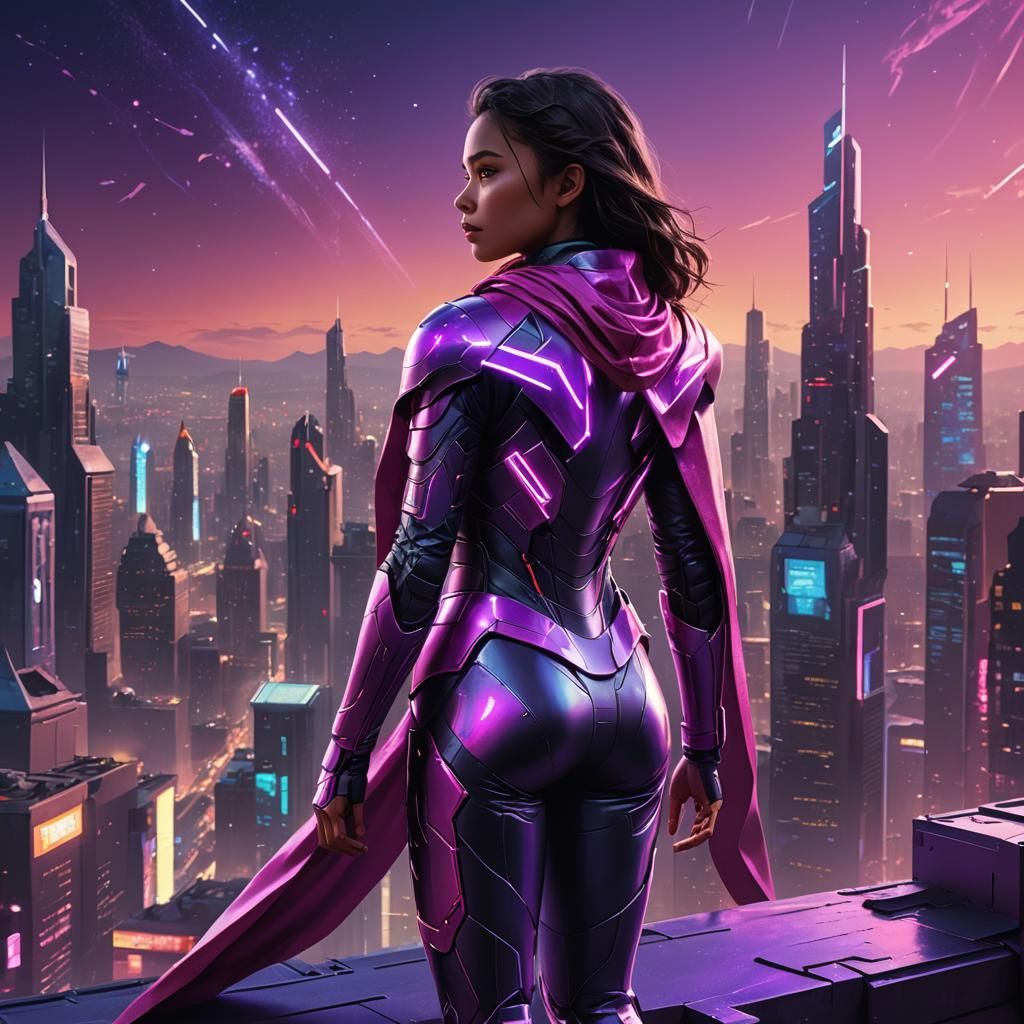 Futuristic Hero Over Cyberpunk Cityscape at Twilight