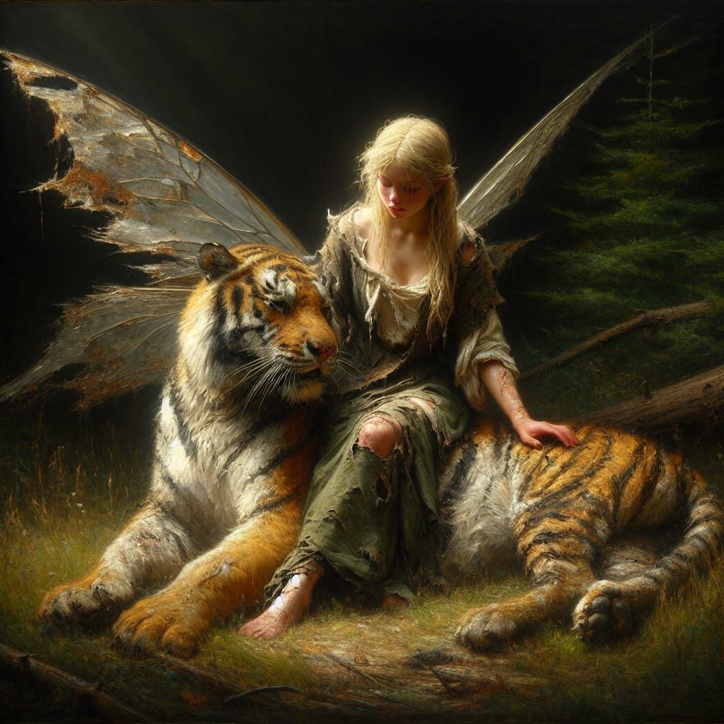 Medieval Fairy Shows Compassion to a Soiled Tiger in a Teneb...