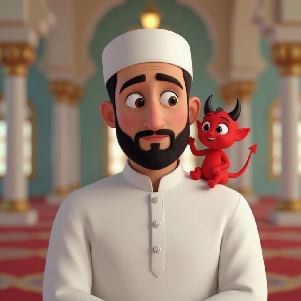 Cartoon Muslim Man Tempted in 3D Pixar Style