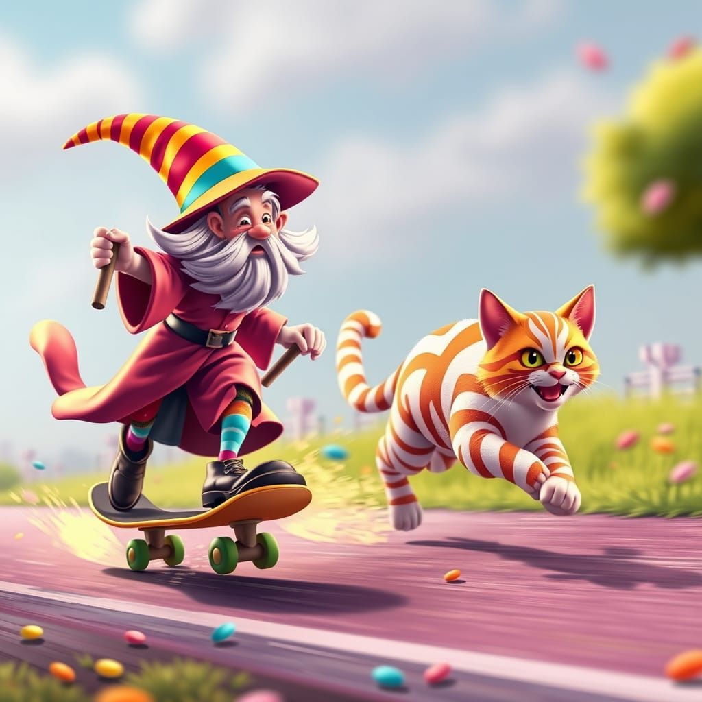 Wizard on Skateboard Chasing Cat in Candy Art
