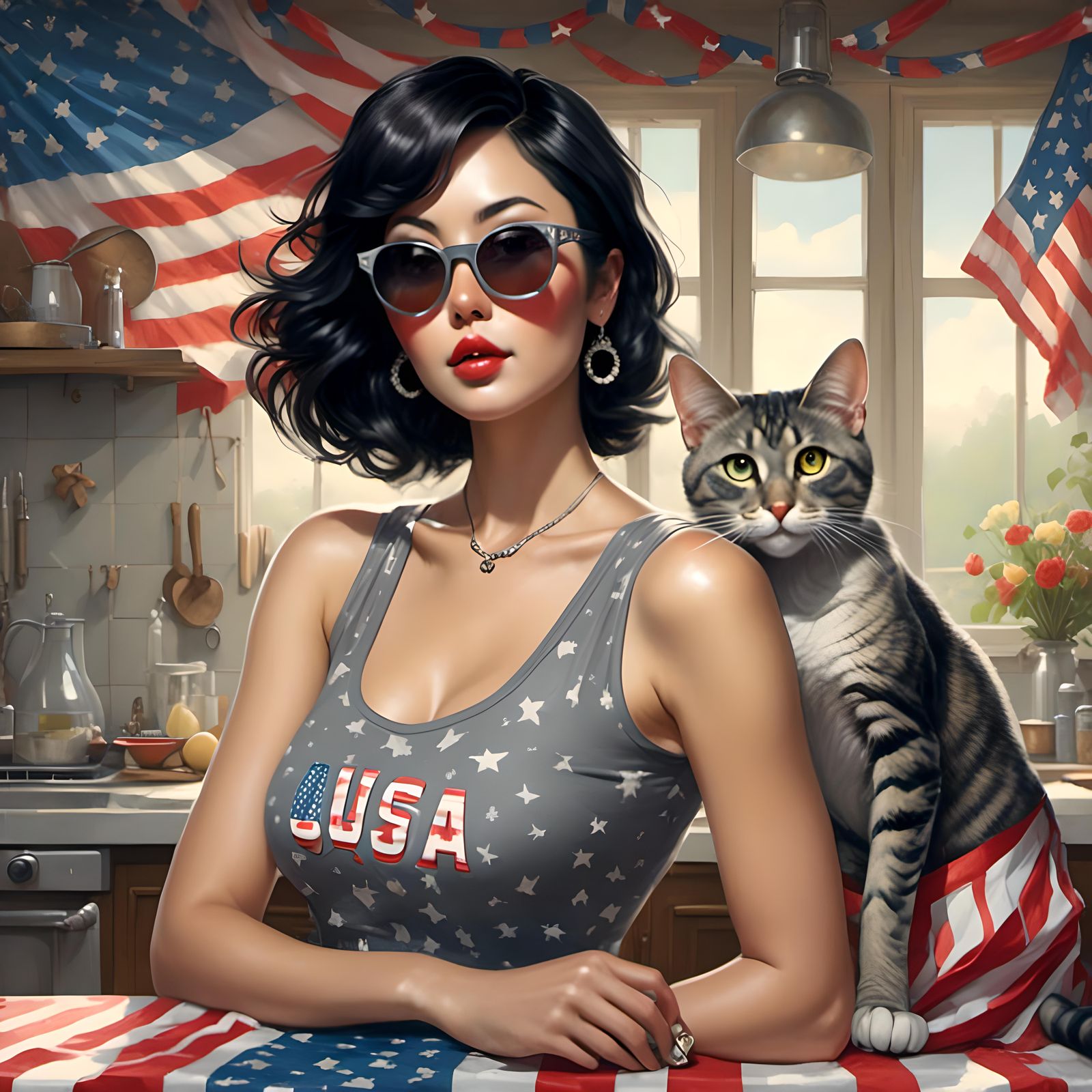 Woman in Kitchen with Cat USA Flag Tank Top