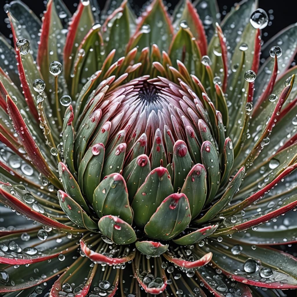 Hyperrealistic Glass Protea Flower with Dew Drops