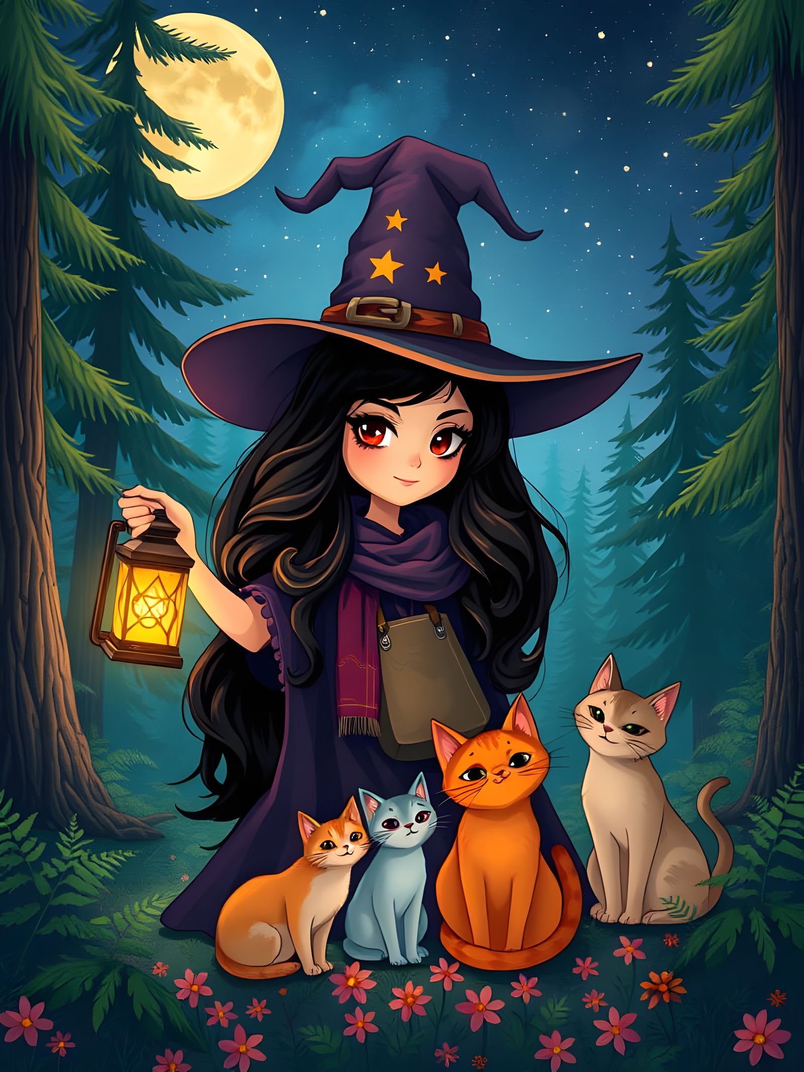 Mystical Witch Stands Amidst Magical Forest Under Starry Nig...