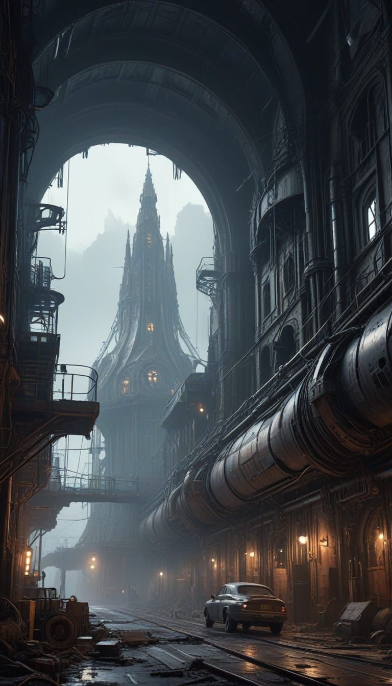 Grimy Greble Settlement in Dieselpunk Cathedral Architecture