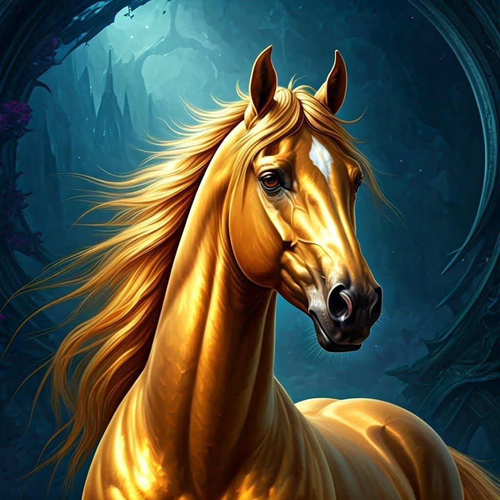 Regal Golden Stallion in Dreamlike Landscape