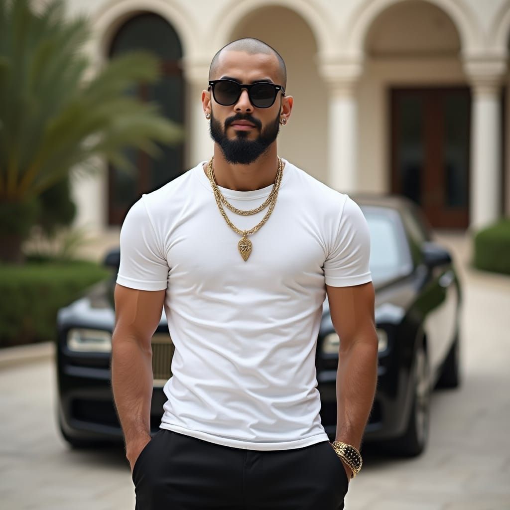 Egyptian Man in Sunglasses Outside Mansion, Realistic Photo