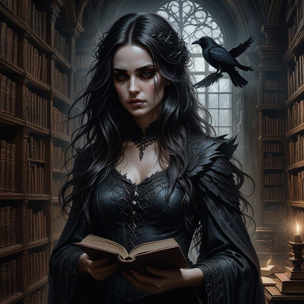 Ethereal Woman in Gothic Library: Charcoal Drawing