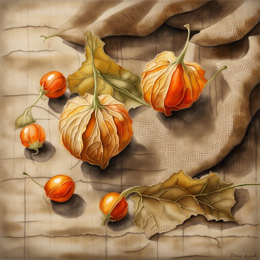 Physalis Still Life in Gouache Watercolor