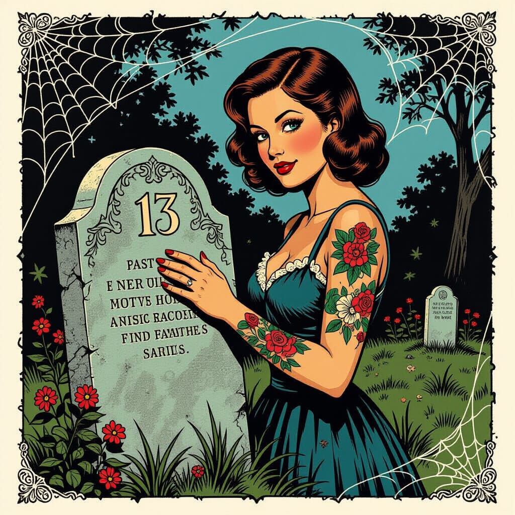 Traditional Tattoo Art: Woman, Spiderweb, Gravestone