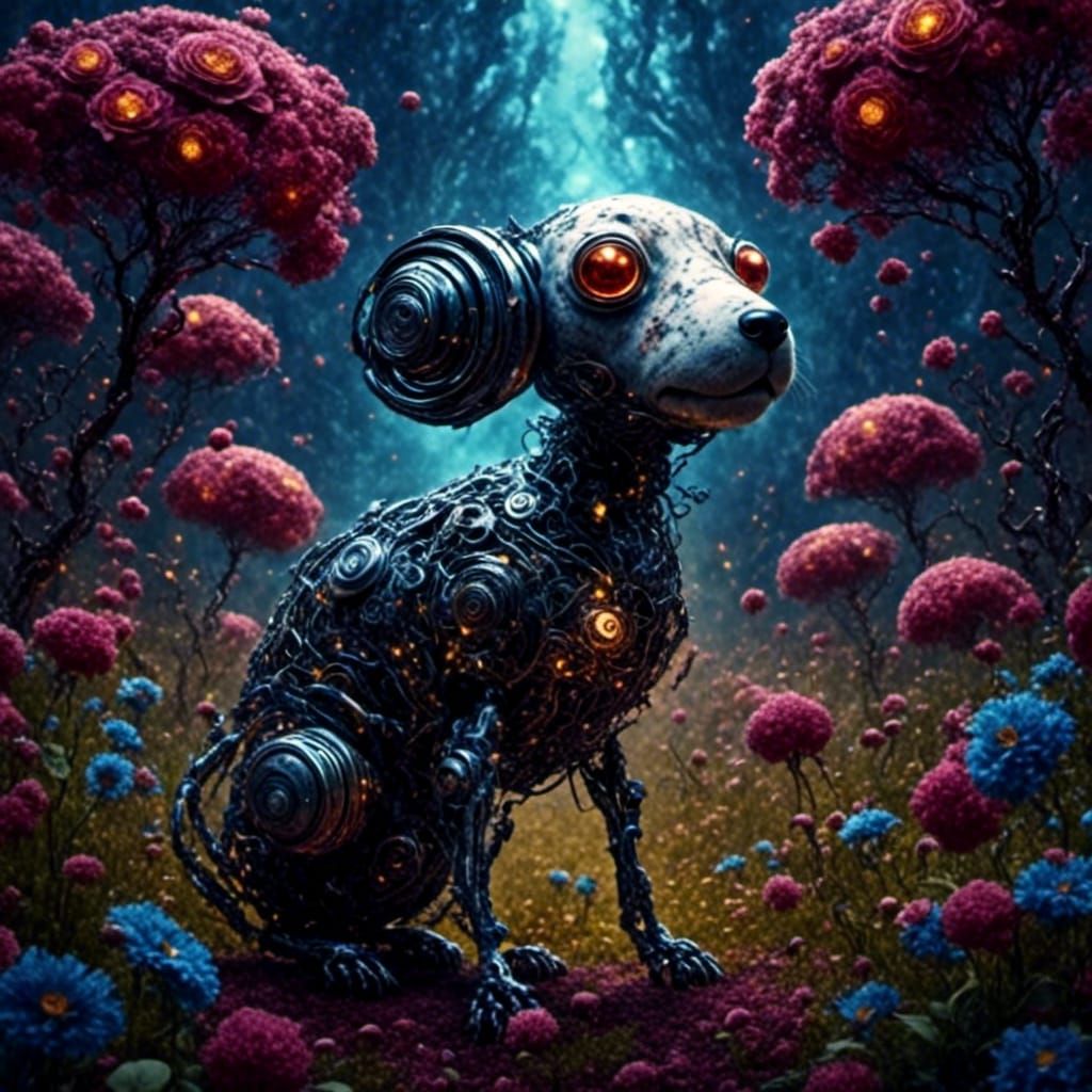 Cute Robot Dog in Flower Garden