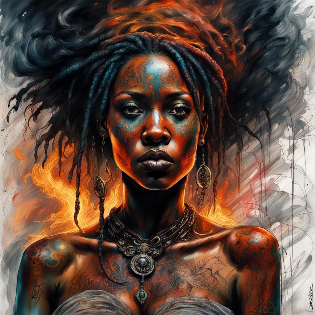 Black Voodoo Witch Portrait with Runic Tattoos