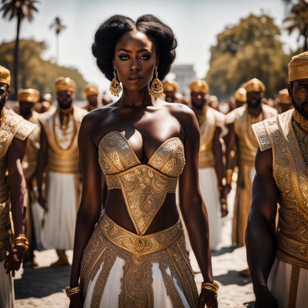 Elegant Woman with Golden Eyes Surrounded by Adoration