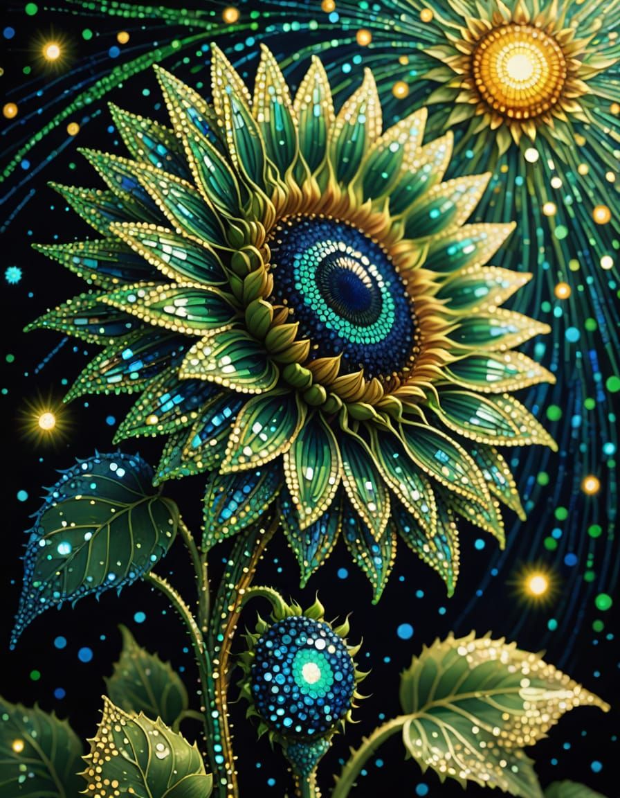 Sequins Sunflower in Dreamlike Pointillist Style