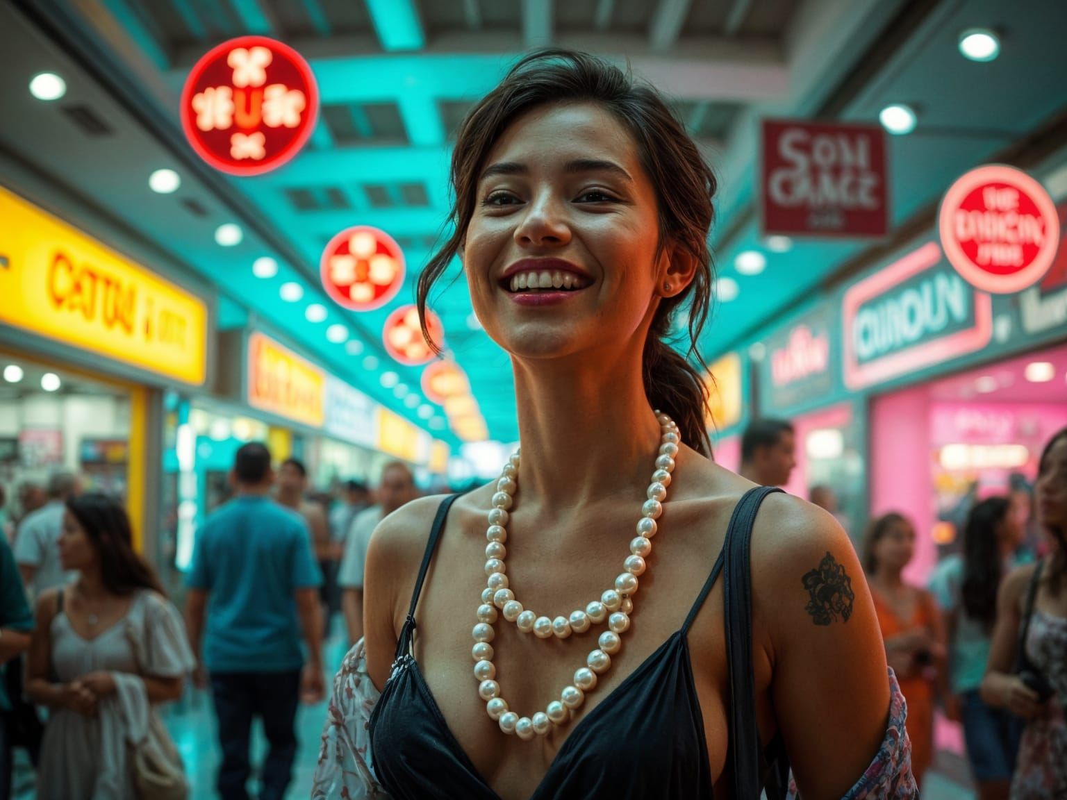 Surreal Pop Art Masterpiece of a Woman in a Bustling Shoppin...