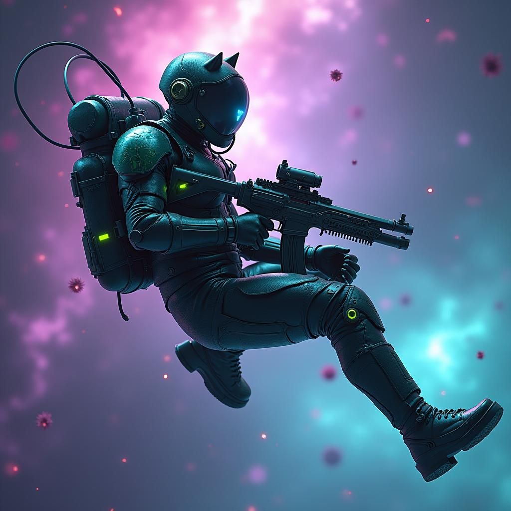 Space Explorer with Cat Gun in Zero Gravity