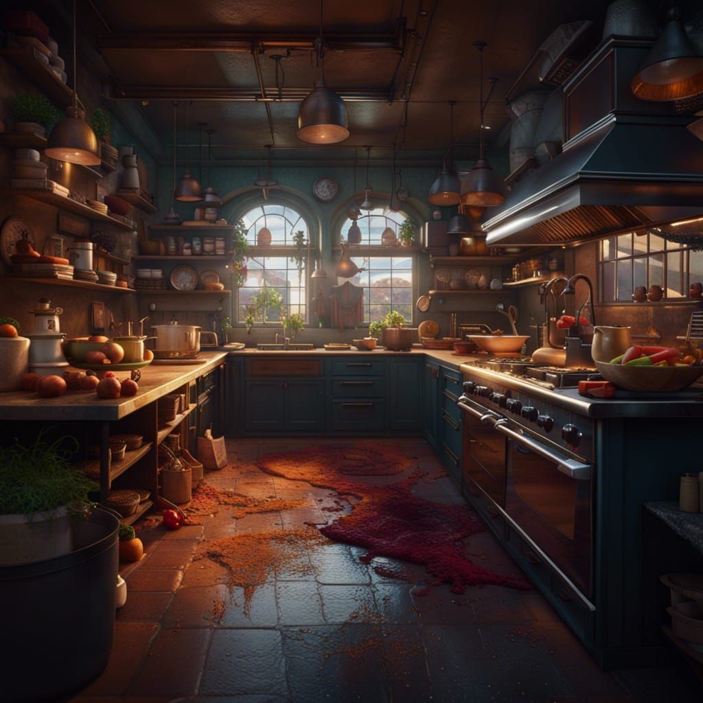 Busy Kitchen Scene: Detailed Matte Painting