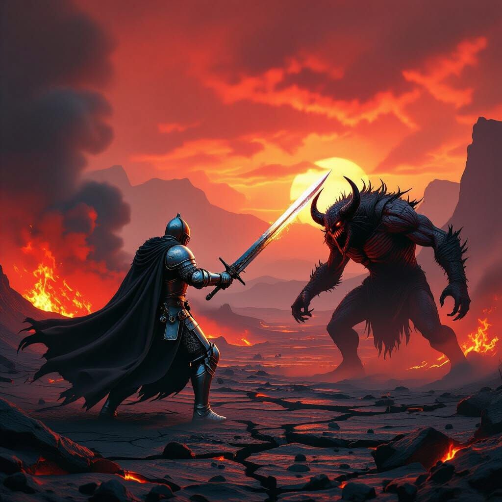 Knight Battles Demon in Volcanic Wasteland, Digital Art