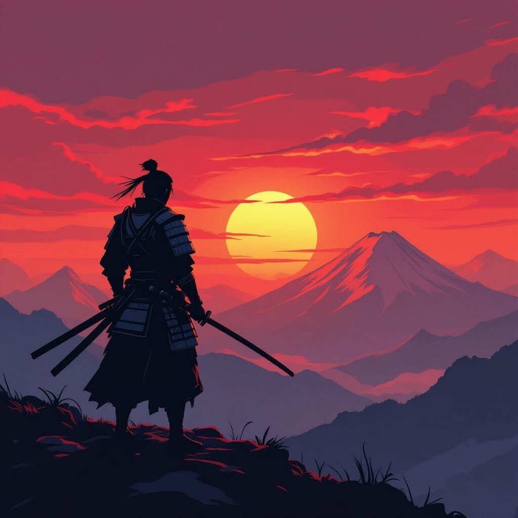 Samurai Warrior on Mountain Peak at Fiery Sunset
