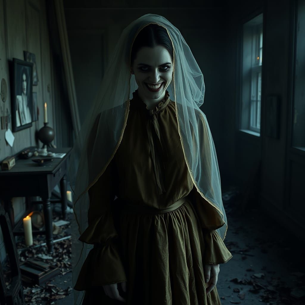 Woman with an unsettling visage, frozen in a maniacal grin, dominates the frame, wearing a tattered yet modest gown with...