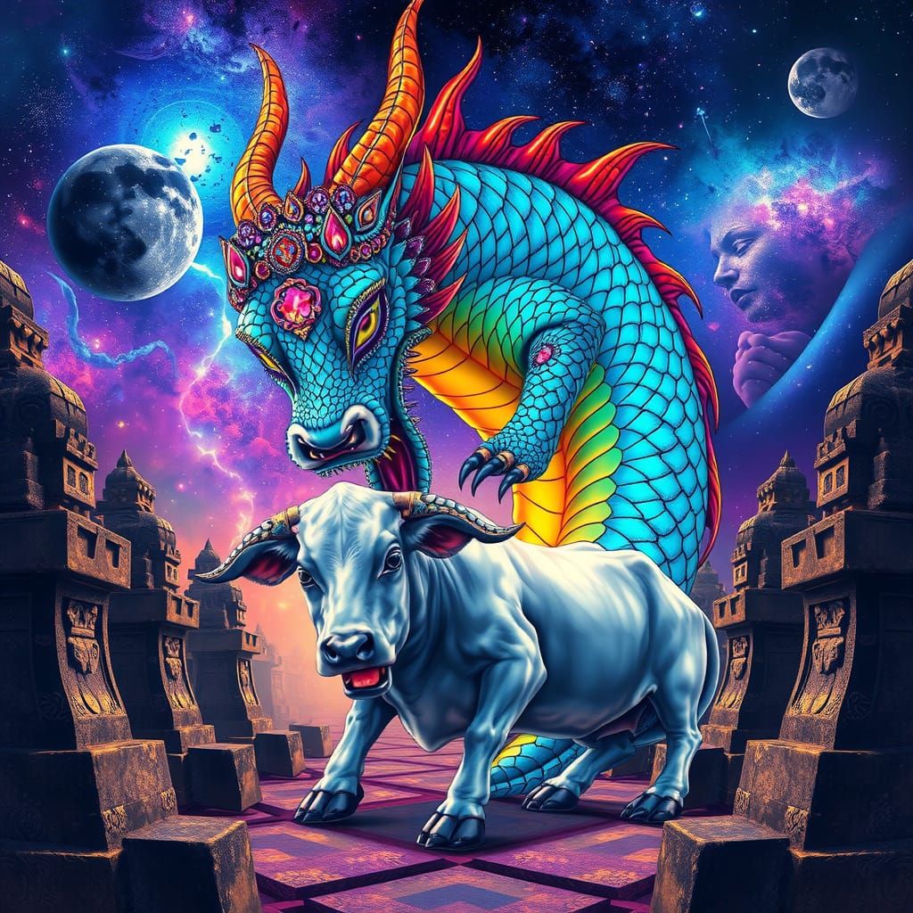 Iridescent Koi Dragon Devouring Cow in Astral Scene