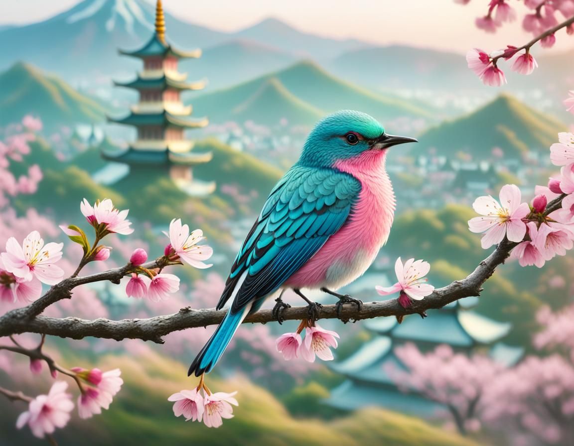 Turquoise Bird Among Cherry Blossoms: Macro Photography