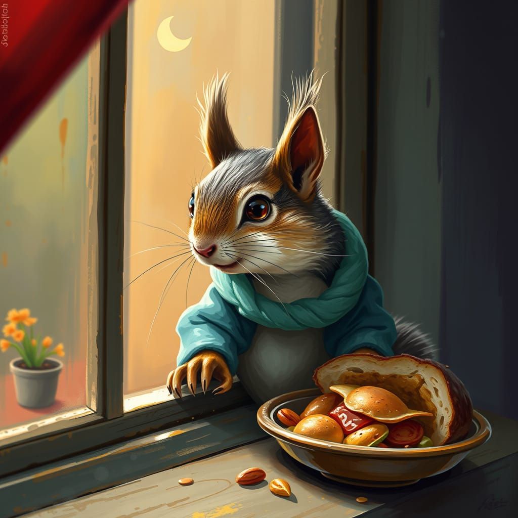 Mischievous Squirrel Peeking into Granny's Kitchen