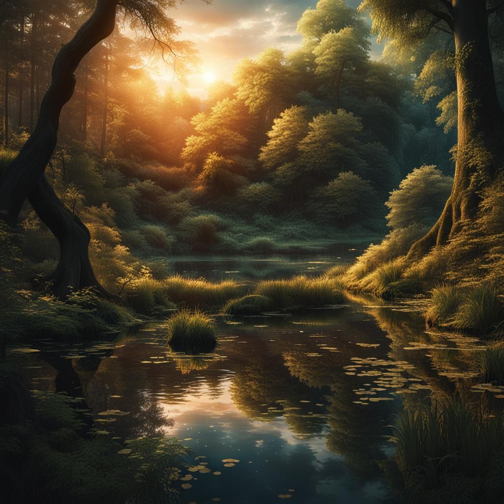 Secluded Forest Pond at Sunset: Digital Matte Painting