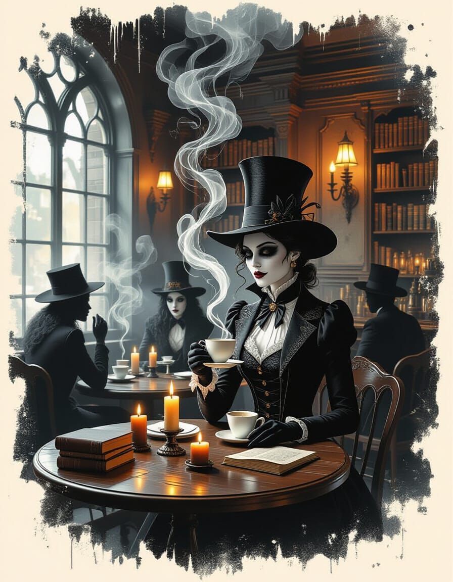 Gothic Cafe with Ghostly Figures and Enchanted Candles
