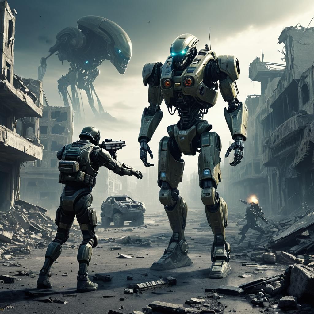 Futuristic Soldier Fighting in Ruined Alien City