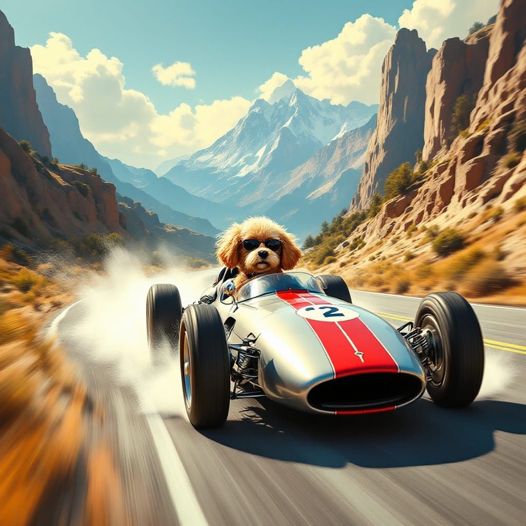Vintage Formula One Racing Car Speeds Down Mountain Road wit...