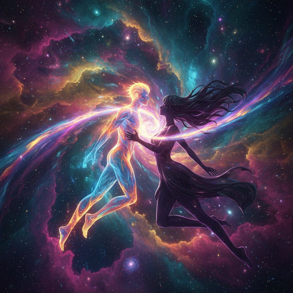 Cosmic Black Hole Love: Energy Man Pulled to Woman Vortex