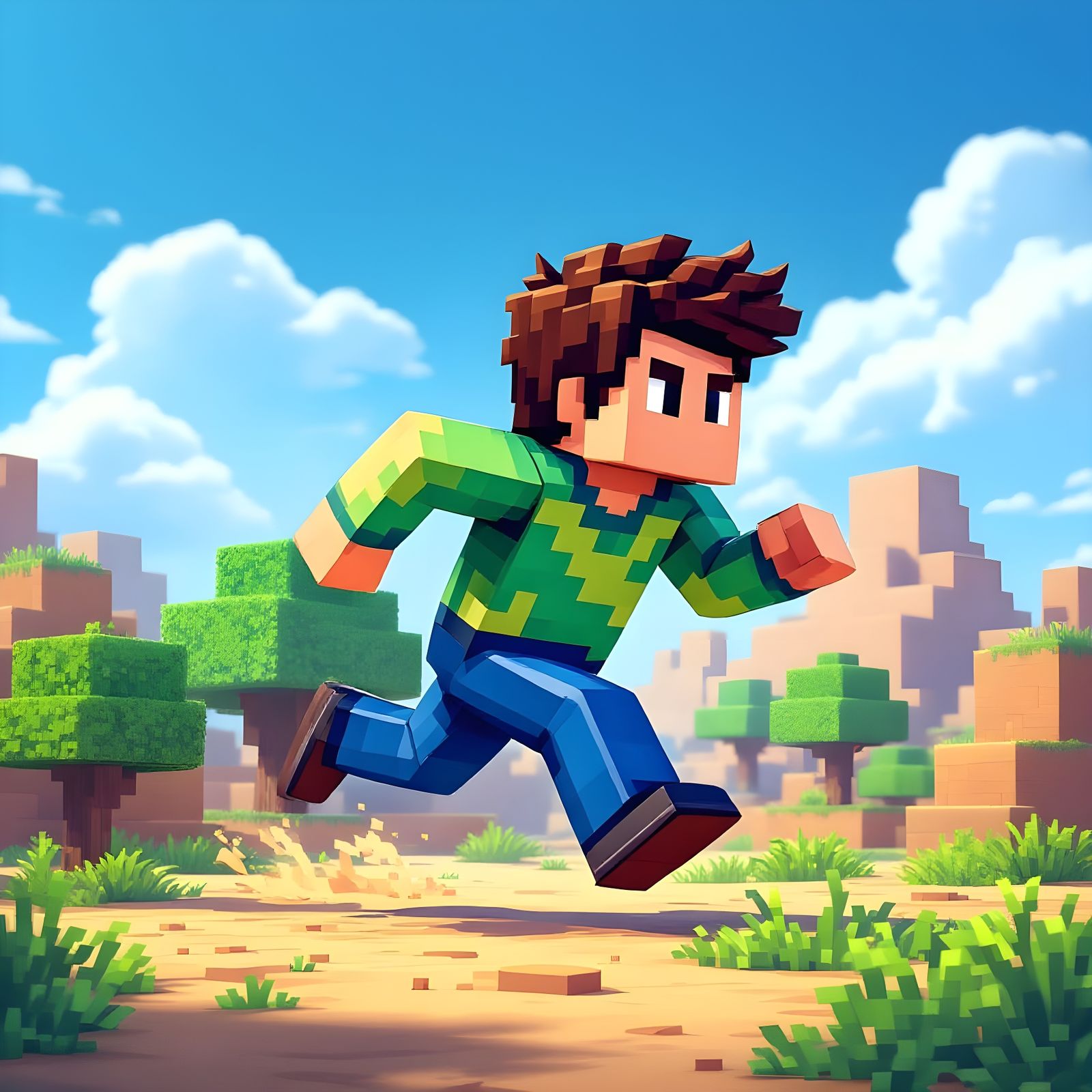 8-Bit Character Running in Pixelated Landscape
