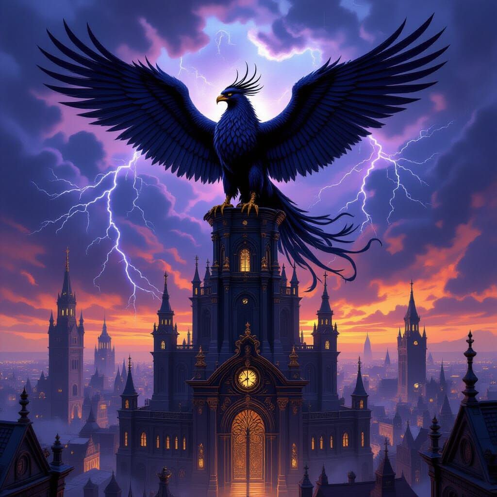 Griffin Over Steampunk City at Dusk