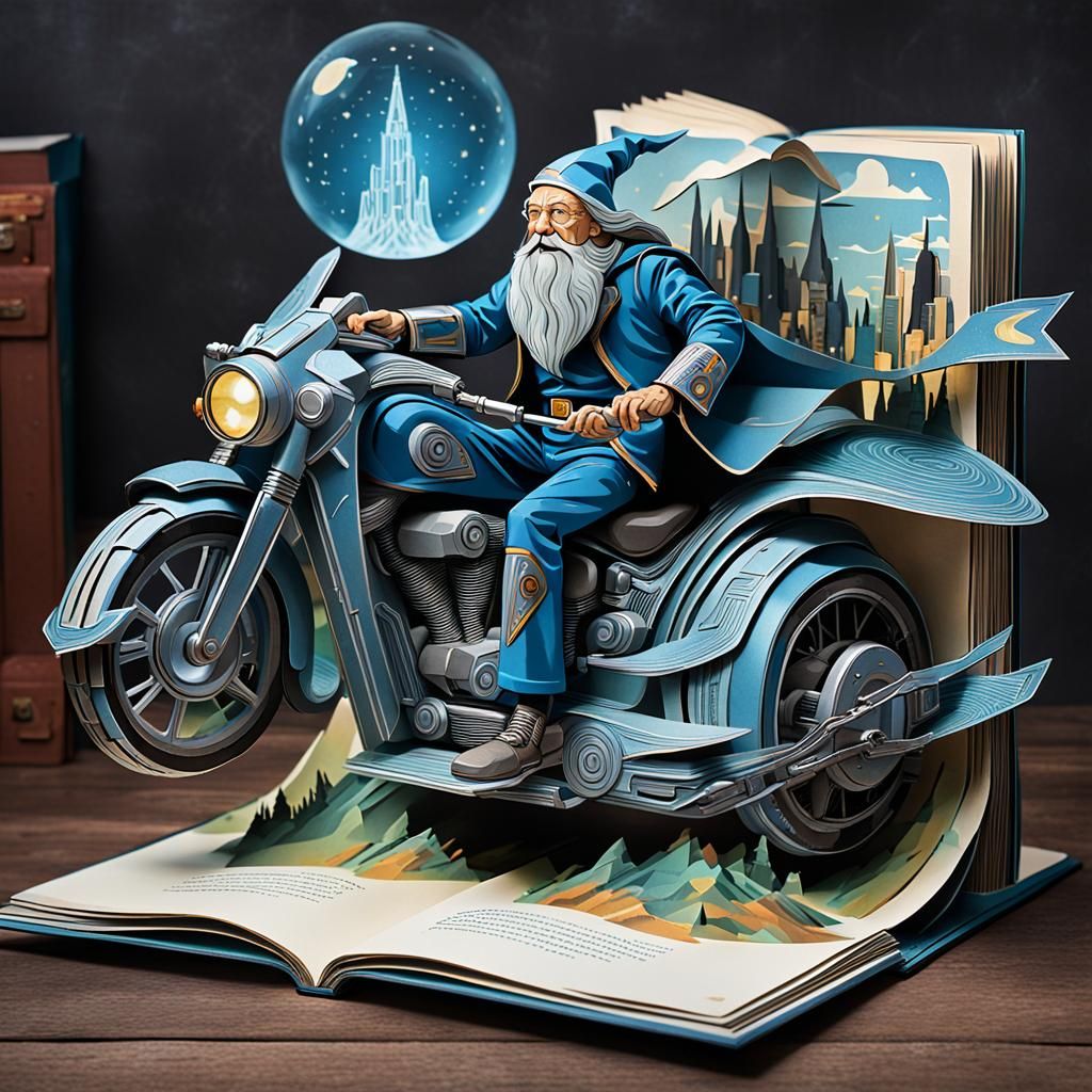 Wizard on Futuristic Motorcycle Pop-Up Book