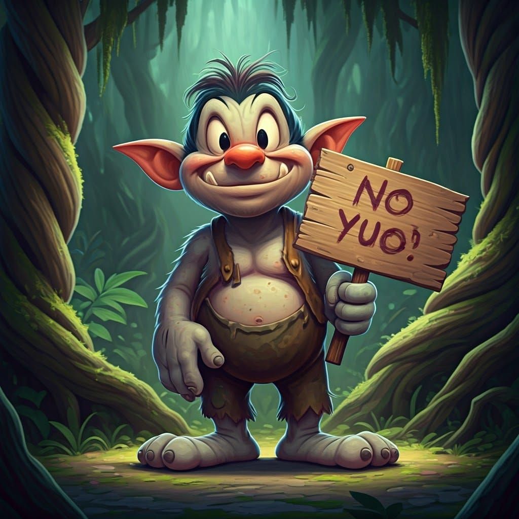Cartoon Troll Holds Sign in Looney Tunes Style