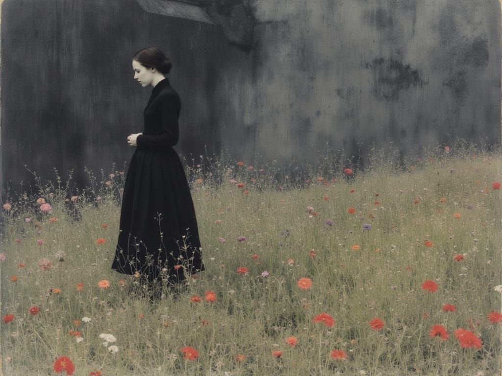 Serene Woman Amidst Vibrant Wildflowers in a Rainy Rural Lan...