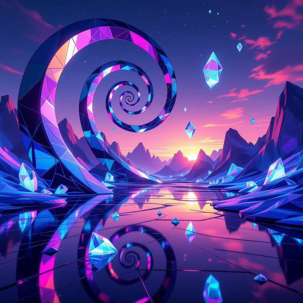 Futuristic Geometric Landscape with Neon Reflections