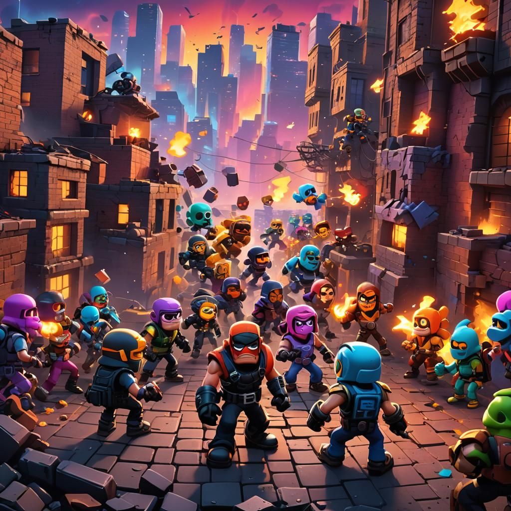 Brawl Stars Showdown in Ruined Neon Cityscape