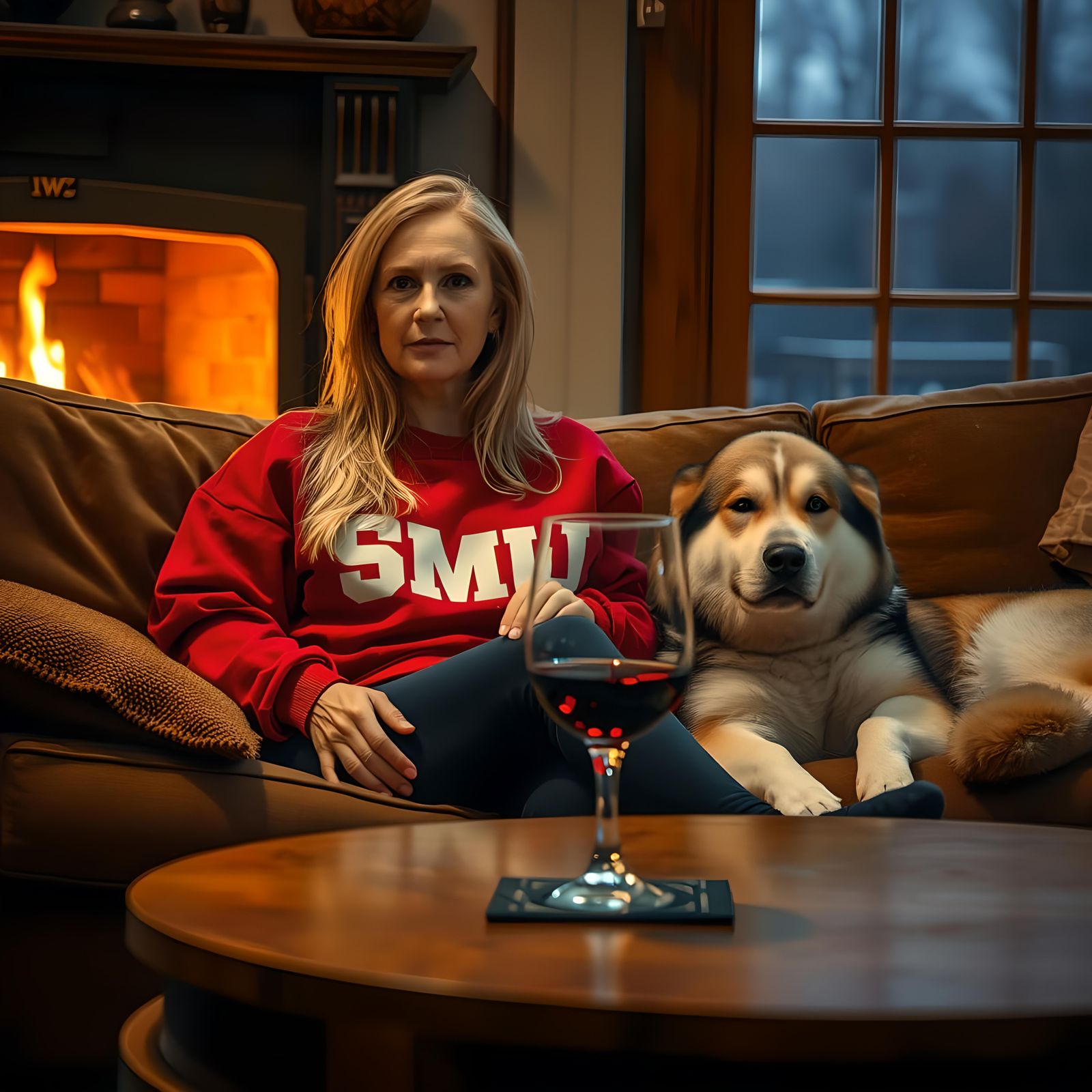 Winter Night Scene with Woman and Alaskan Malamute