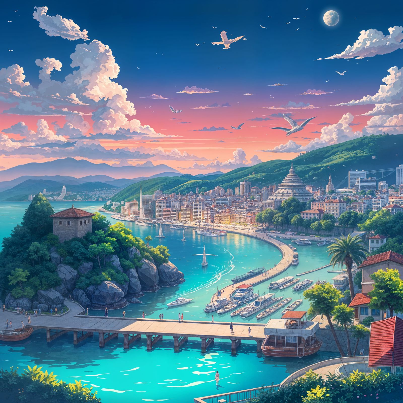 Vibrant Seaside Metropolis in Anime Style