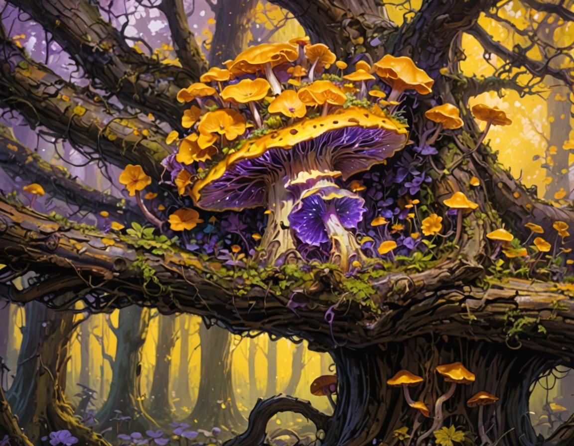 Glowing Mushroom on Decaying Tree, Dark Fantasy Art