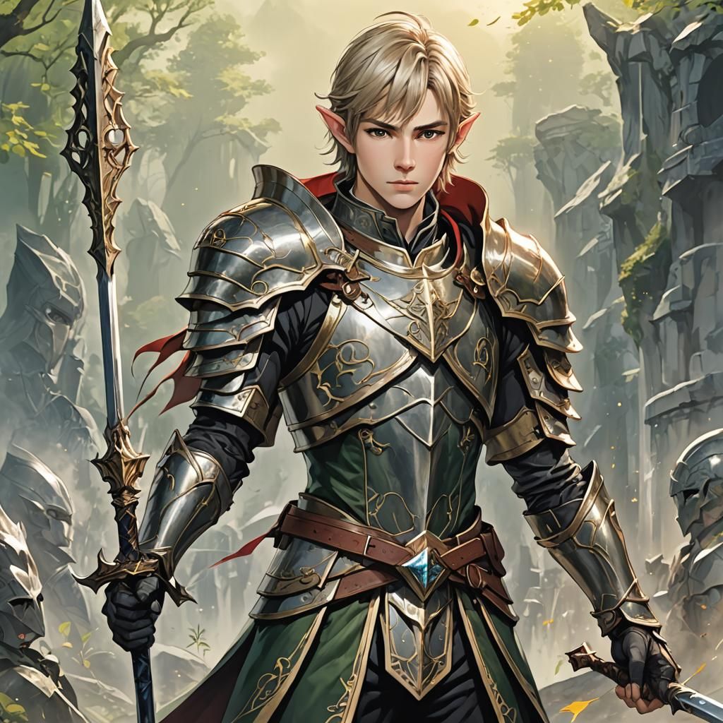 Elven Prince Cleric with Spear in Anime Style