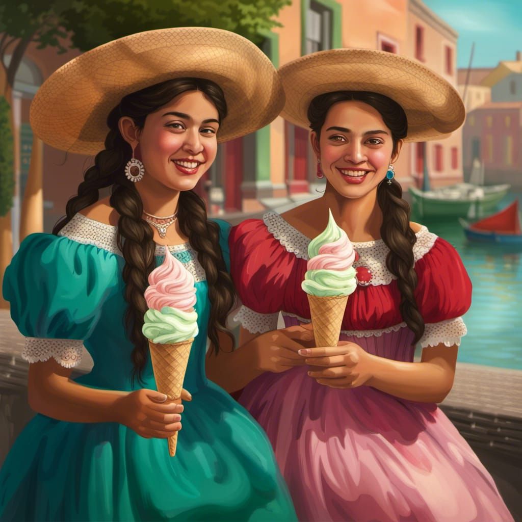 Mexican Women Share Ice Cream, Photorealistic Portrait