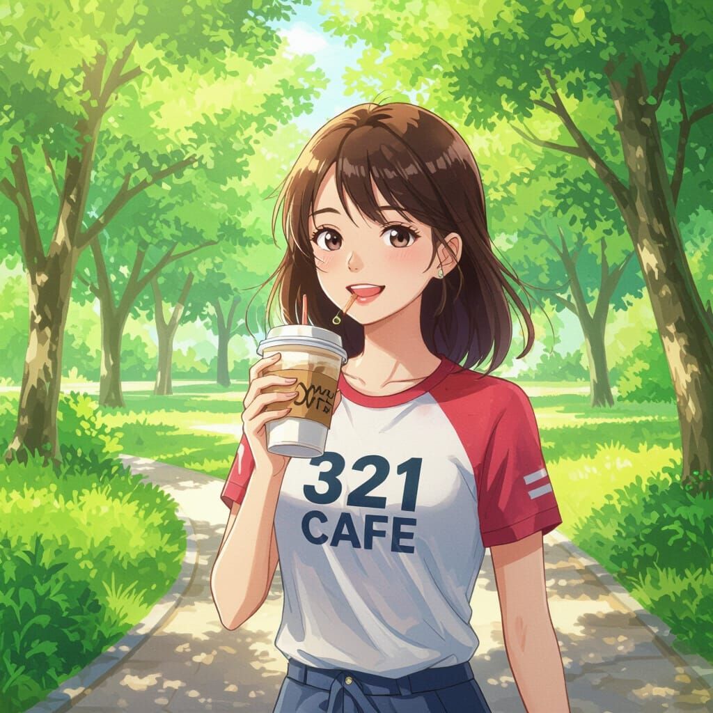 Pretty Thai Girl Strolls in Green Park with Coffee