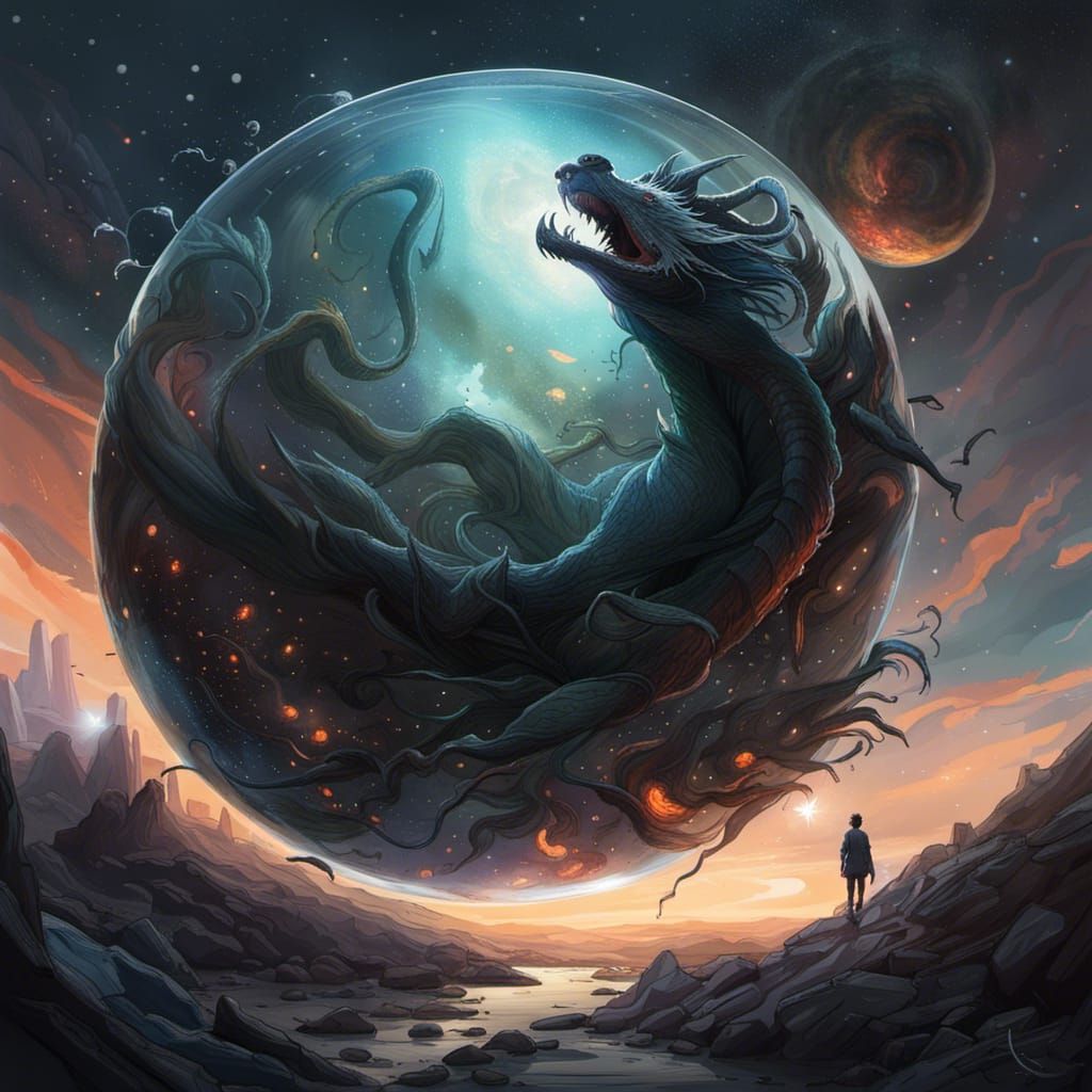 Dragon Sleeping in Glass Sphere in Space