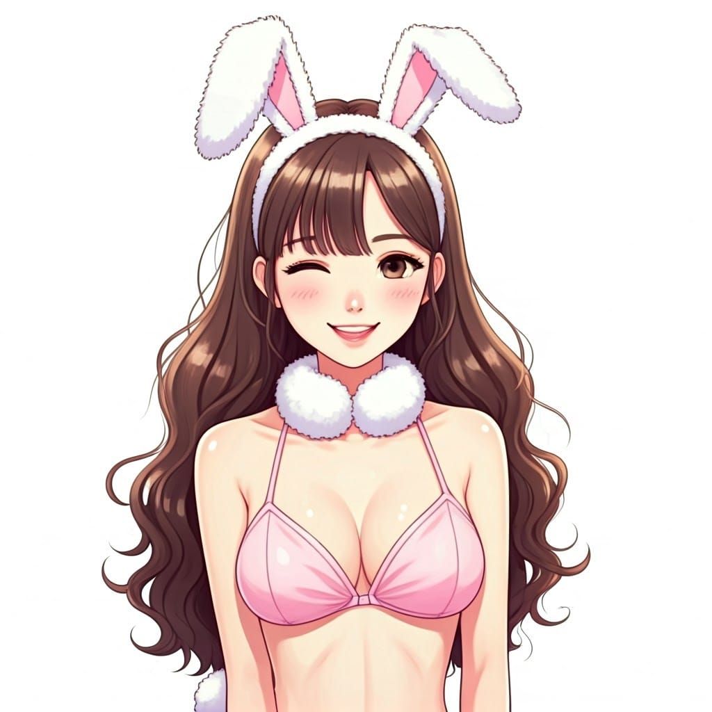 Playful Korean Woman in Bunny Suit, Anime Style