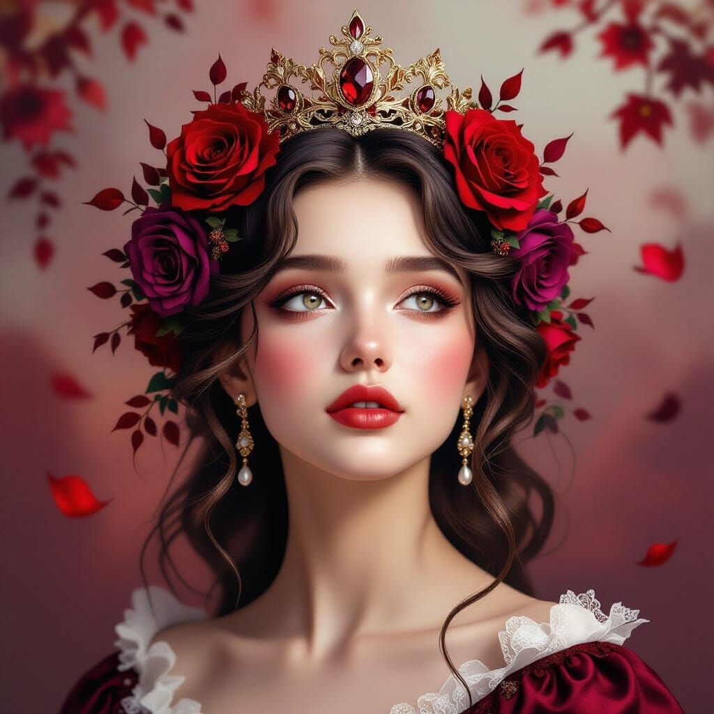 Melancholic Beauty Crowned with Roses in Ethereal Light